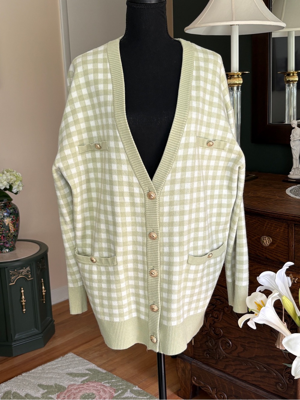 Joie Gingham Plaid Oversized Cardigan Sweater Sage Green Gold Lion Button XL